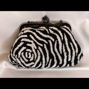 Black and White Beaded Black Satin Clutch
